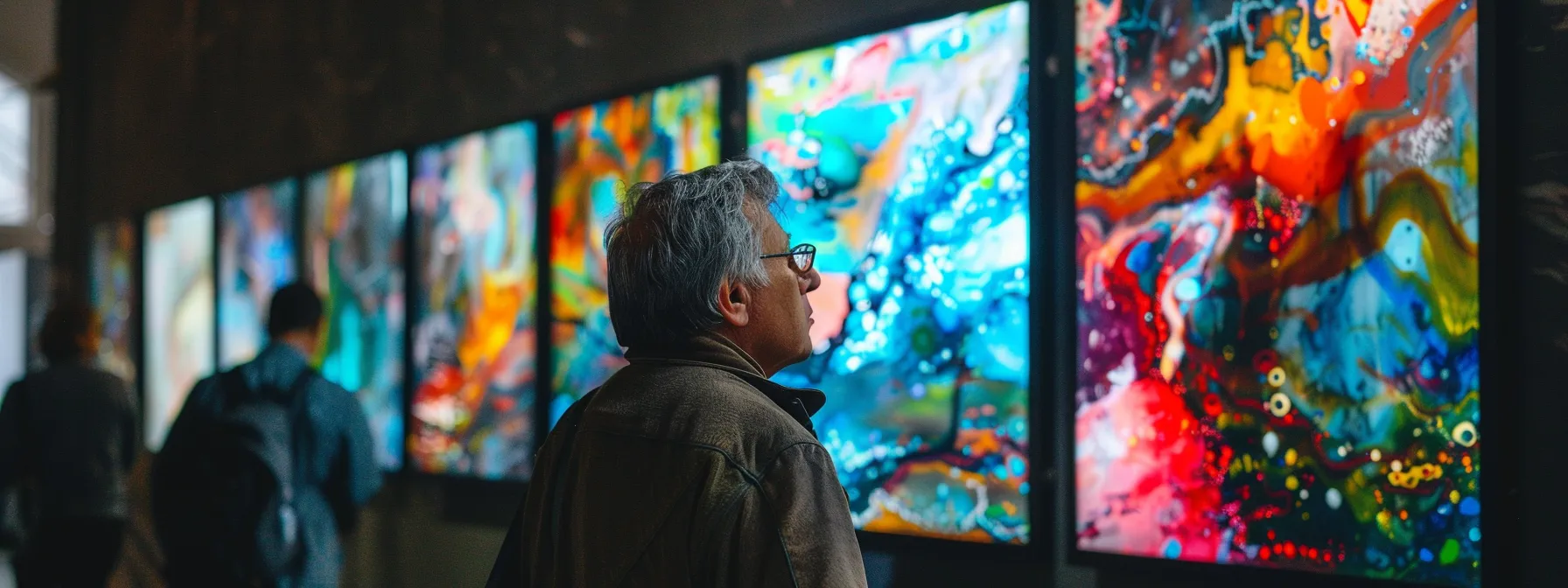 a bidder intensely examining a vibrant, abstract painting in an la online art auction, surrounded by other bidders in a competitive atmosphere.