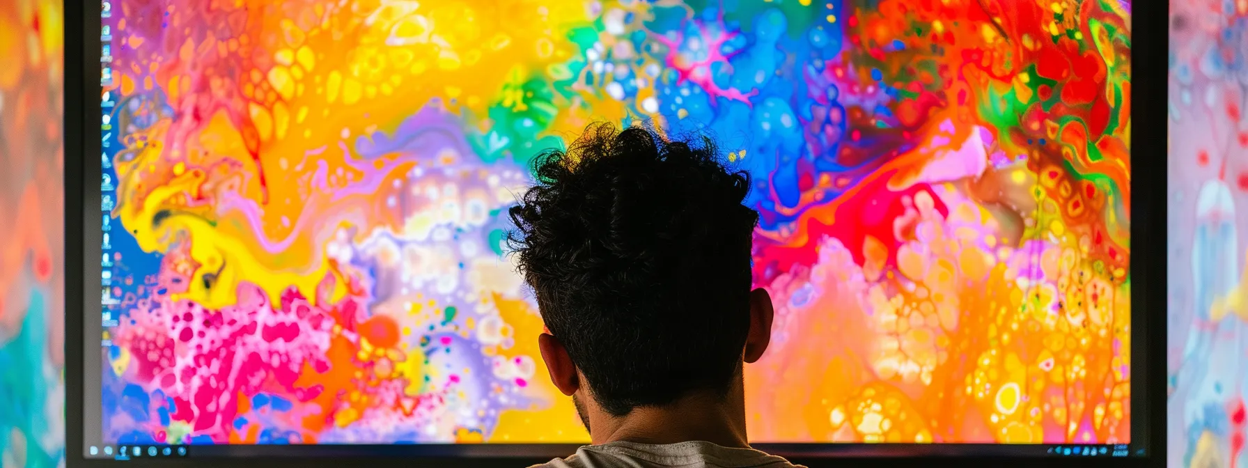 a person carefully examining a vibrant, abstract painting on a computer screen, surrounded by positive user reviews and ratings, ensuring a safe and reputable online art auction platform in los angeles.