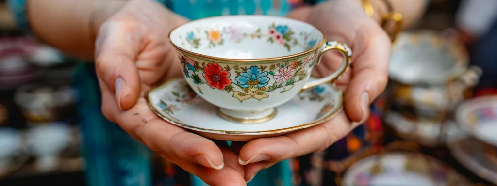 a person delicately holding a vintage teacup at an estate sale in los angeles, demonstrating respect and reverence for the items on display.