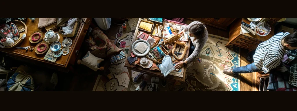 a person mingling with estate sale organizers, surrounded by a variety of unique treasures and connecting with the community tapestry.