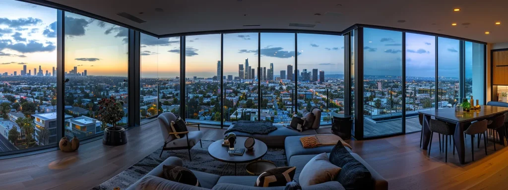 a stunning modern mansion with panoramic views of downtown los angeles, showcasing sleek design and luxurious amenities.