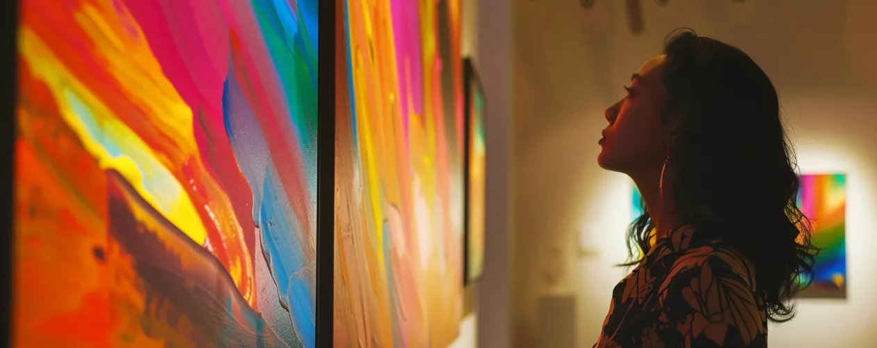 a woman in a chic art gallery in los angeles, carefully examining a vibrant, abstract painting up for auction.