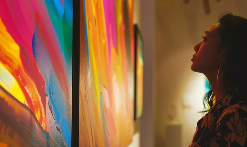 a woman in a chic art gallery in los angeles, carefully examining a vibrant, abstract painting up for auction.