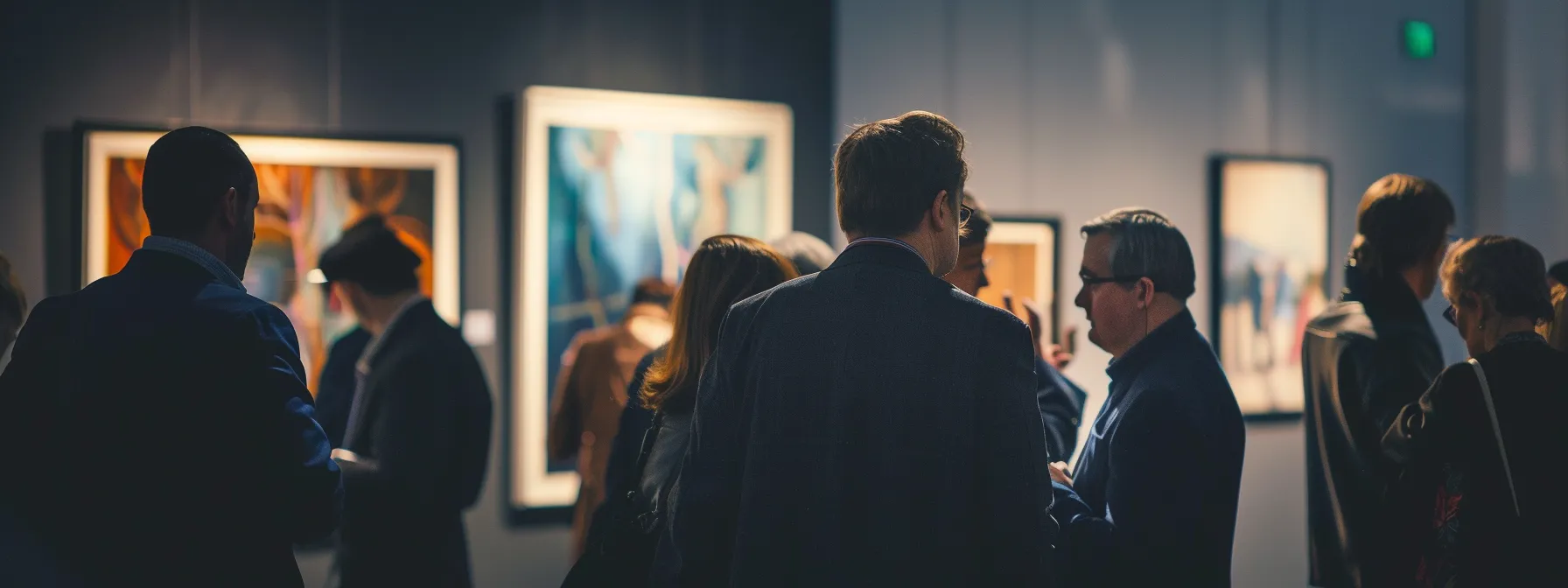 auction attendees scrutinizing a painting under bright gallery lights, checking for authenticity and compliance with california art ownership laws.