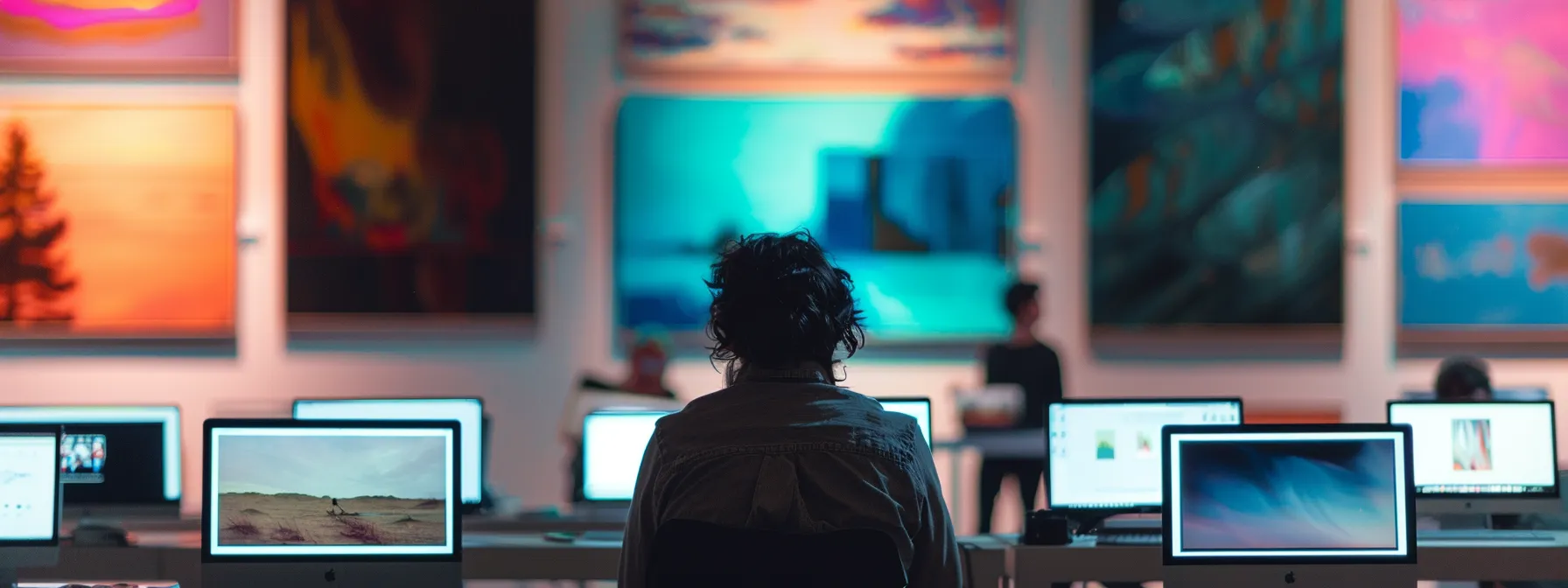 focused bidder studying artwork, surrounded by open laptops displaying various art auction platforms.